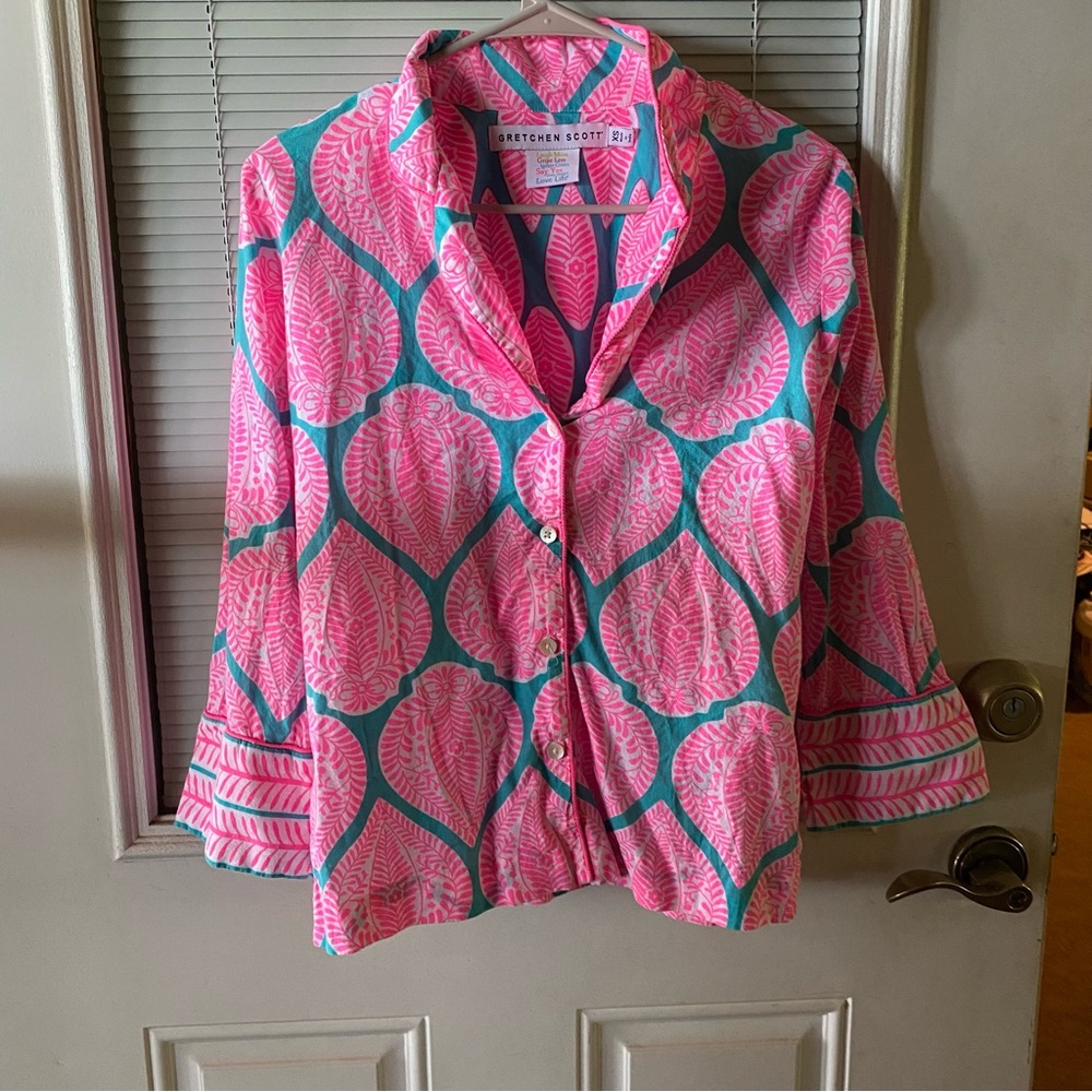 Gretchen Scott Designs Vibrant Pink and Teal Button Down Shirt